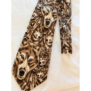 Renaissance Mens Wolf Pack Graphic Print Tie Brown Tan Wildlife Novelty Handmade